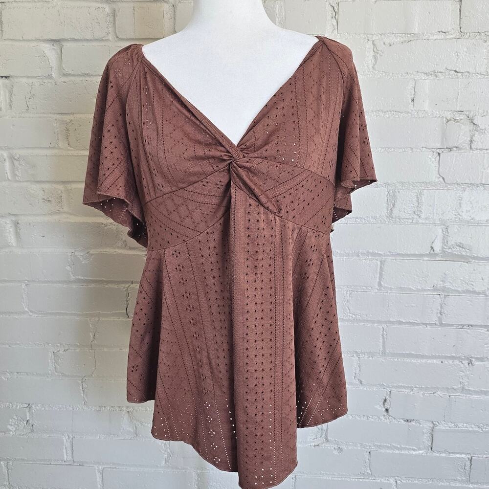 SHEIN Curve 1X Brown Twist Front Flutter Sleeve Peplum Blouse Boho Whimsigoth